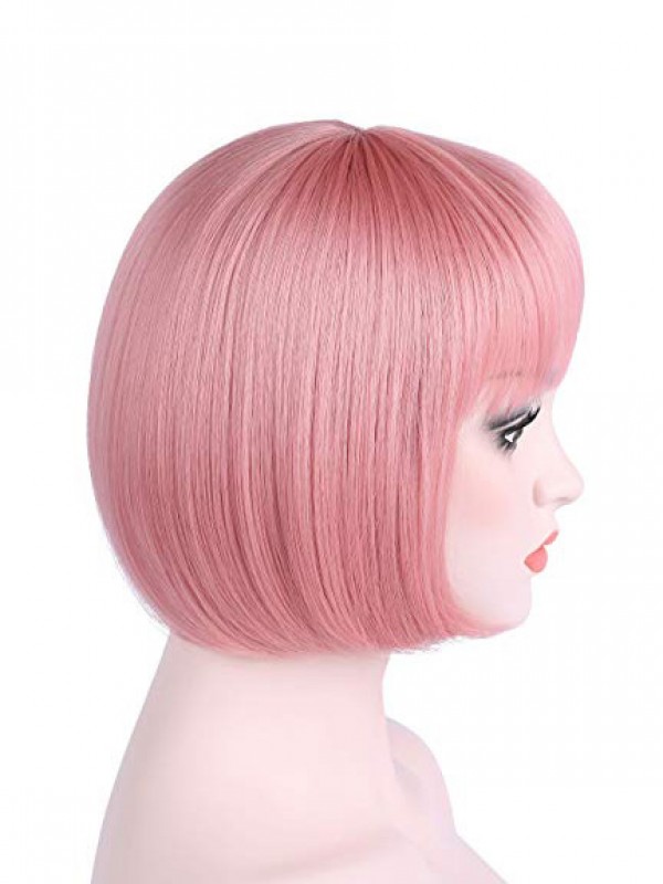 Pink Short Straight Bob Capless Synthetic Cosplay Wigs With Bangs 10 Inches