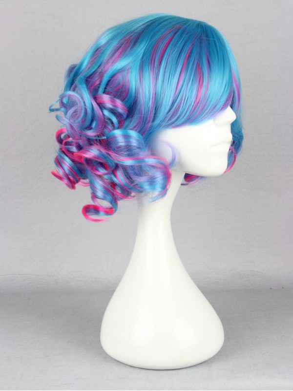 Japanese Lolita Style Mixed Color Blue And Pink Capless Synthetic Cosplay Wigs With Side Bangs 12 Inches