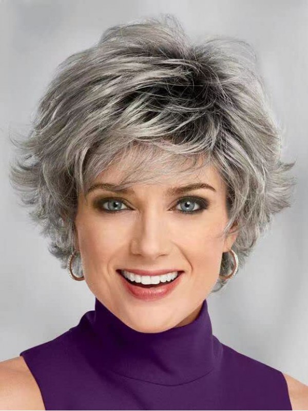 Short Pixie Cut Ombre Grey Synthetic Wigs With Bangs