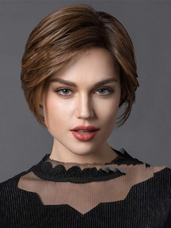 Short Brown Wig With Bangs Synthetic Capless Wigs