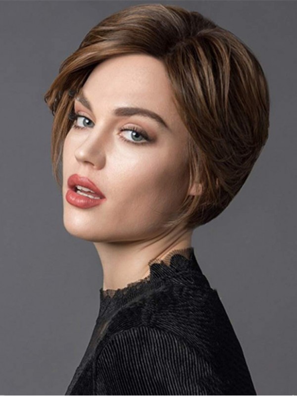 Short Brown Wig With Bangs Synthetic Capless Wigs