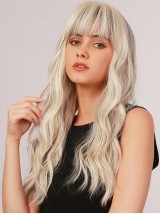 Long Platinum Blonde Wavy Synthetic Wigs With Bangs