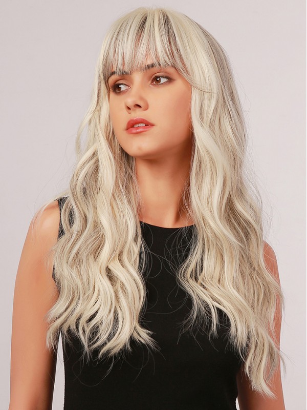 Long Platinum Blonde Wavy Synthetic Wigs With Bangs