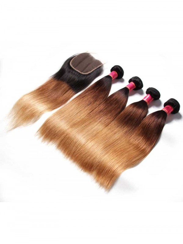 Hair 4 Bundles Hair With ClosureThree Tone Ombre Straight Human Virgin Hair Weaving