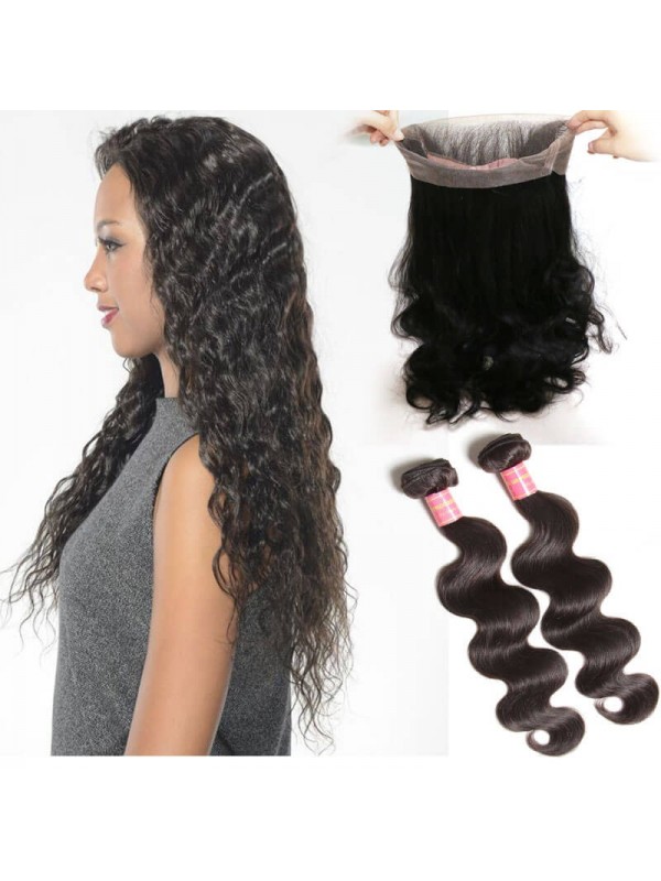 Body Wave Virgin Hair 2 Bundles With 360 Lace Closure Wavy Human Hair Weave Extensions