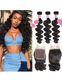 3pcs/packet Loose Wave With 4*4 Lace Closure Peruvian Human Hair