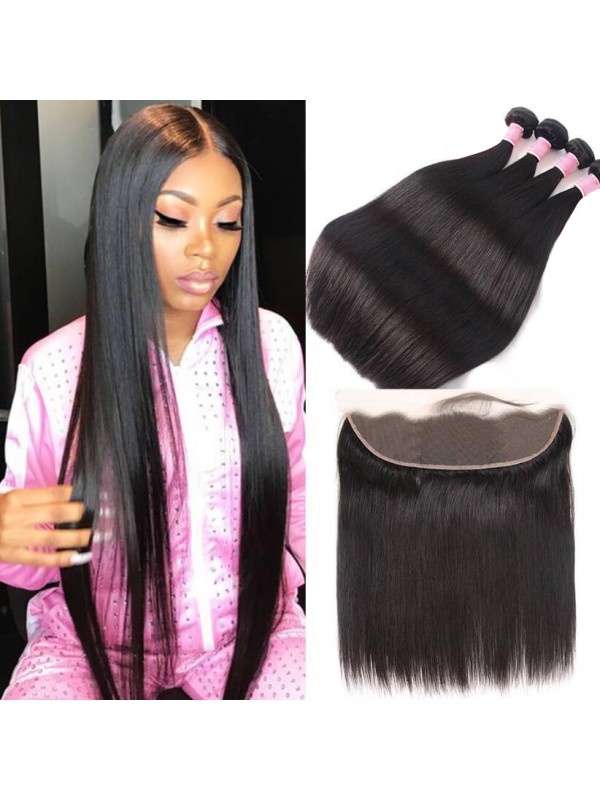 Straight 4 Bundles with 13*4 Lace Frontal Peruvian Human Hair