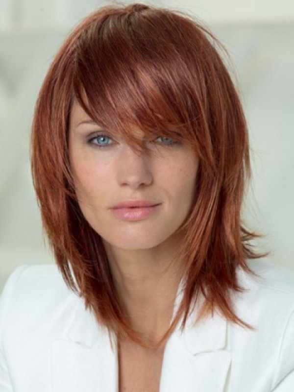 Layered Shag Hairstyle With Full Fringe Medium human Capless Women Wigs