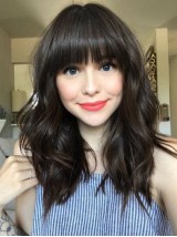 Long Wavy Lace Front Remy Human Hair Wigs 16 Inches With Bangs