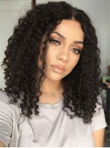 Black Central Parting Curly Medium Lace Front Hair Wigs 14 Inches