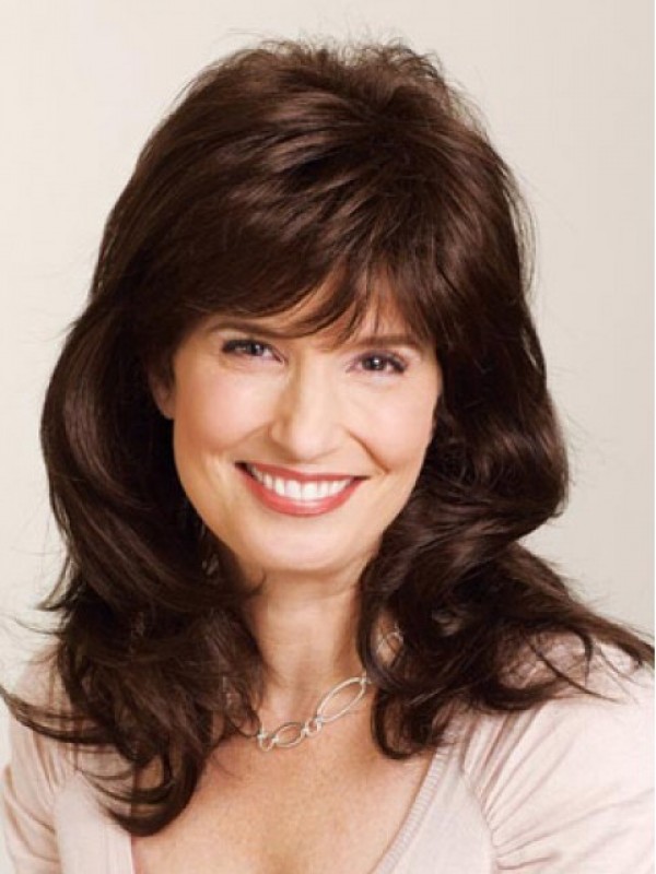 Brown Long Wavy Capless Remy Human Hair Wigs With Bangs 16 Inches