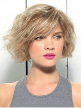 Bob Style Blonde Capless Human Hair Wavy Wigs With Side Bangs 10 Inches