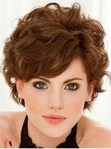 Brown Short Wavy Capless Human Hair Wigs With Bangs 8 Inches