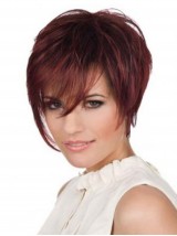 Claret Short Straight Layered Capless Human Hair Wigs With Bangs 6 Inches