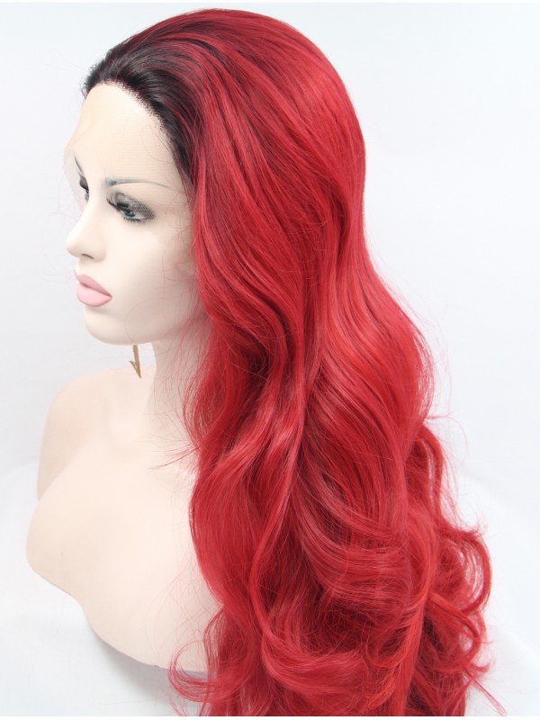 32" Wavy Red Layered Synthetic Lace Front Wigs