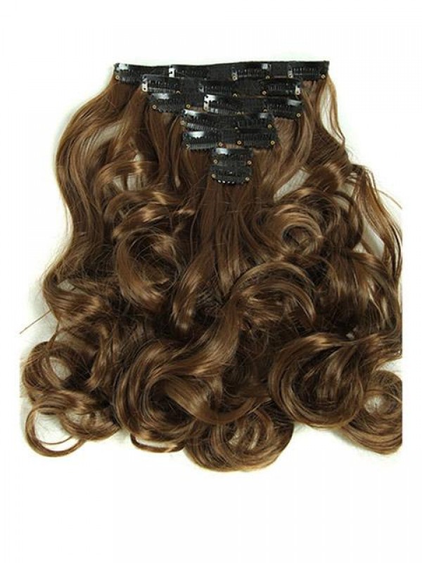 7 Pcs Light Brown Wavy Clip In Synthetic Hair Extensions