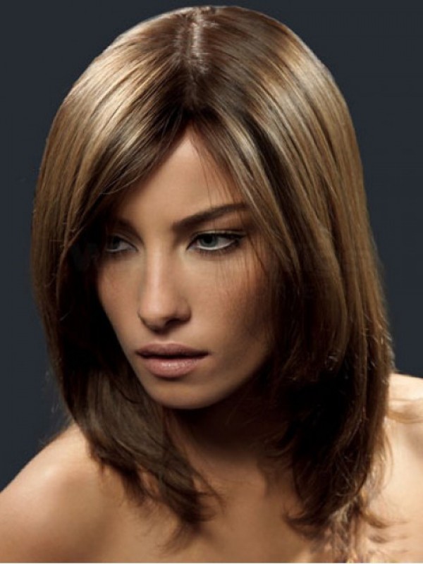 Short Straight Lace Front Human Hair Wigs With Side Bangs 12 Inches