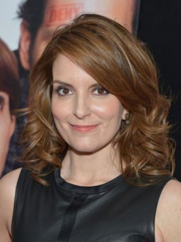 Tina Fey Medium Wavy Lace Front Human Hair Wigs With Side Bangs