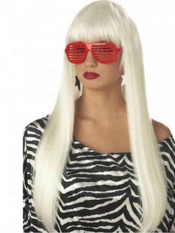 Lady Gaga White Long Straight Synthetic Capless Wigs With Bangs