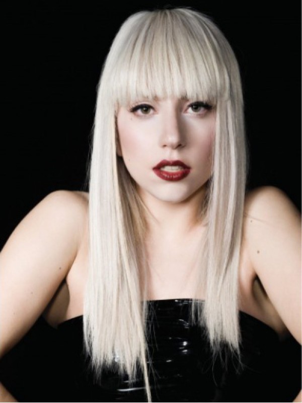 Lady Gaga White Long Straight Capless Synthetic Wigs With Bangs