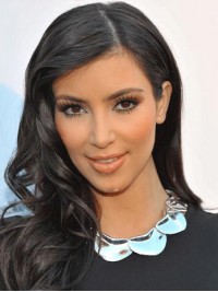 Kim Kardashian Wavy Long Lace Front Human Hair Wigs With Side Bangs