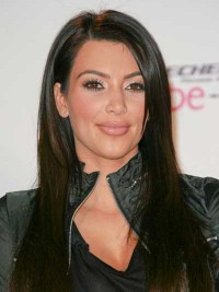 Kim Kardashian Long Black Straight Monofilament Human Hair Wigs With Side Bangs