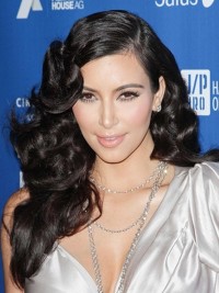 Kim Kardashian Long Black Curly Full Lace Synthetic Wigs With Side Bangs