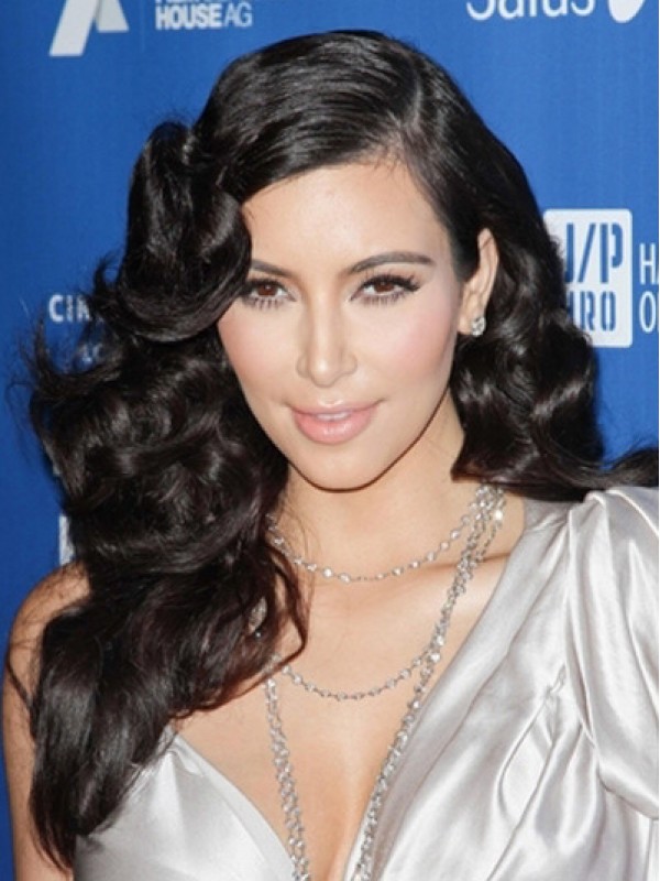 Kim Kardashian Long Black Curly Full Lace Synthetic Wigs With Side Bangs