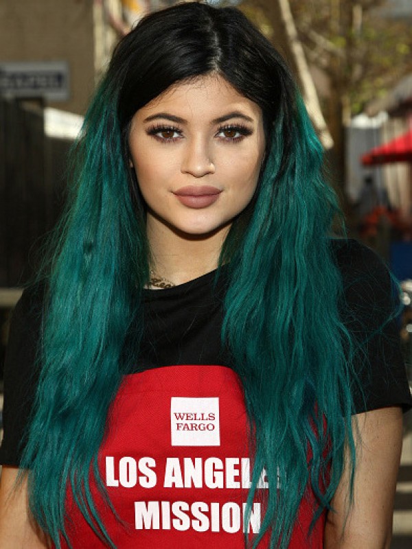 Kylie Jenner Ombre Long Wavy Synthetic Lace Front Wigs With Side Bangs