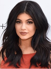 Kylie Jenner Long Black Wavy Central Parting Lace Front Human Hair Wigs
