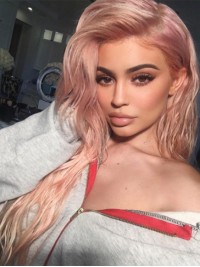 Kylie Jenner Long Wavy Lace Front Synthetic Wigs With Side Bangs