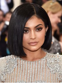 Kylie Jenner Black Short Straight Bob Style Lace Front Human Hair Wig With Side Bangs