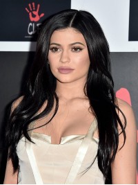 Kylie Jenner Black Central Parting Long Straight Synthetic Lace Front Wigs