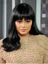 Kylie Jenner Black Long Straight Lace Front Human Hair Wigs With Bangs