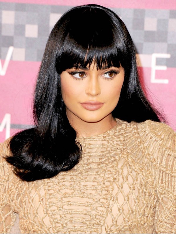 Kylie Jenner Black Long Straight Lace Front Human Hair Wigs With Bangs