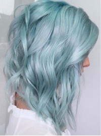 Sky Blue Medium Wavy Human Wig